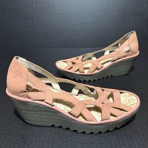 FLY LONDON Pink Suede Leather Woven Gray Wedge Sandals